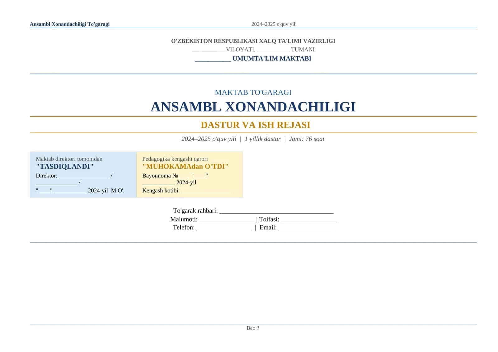 Ansambl Xonandachiligi To'garagi 2024–2025 o'quv yili