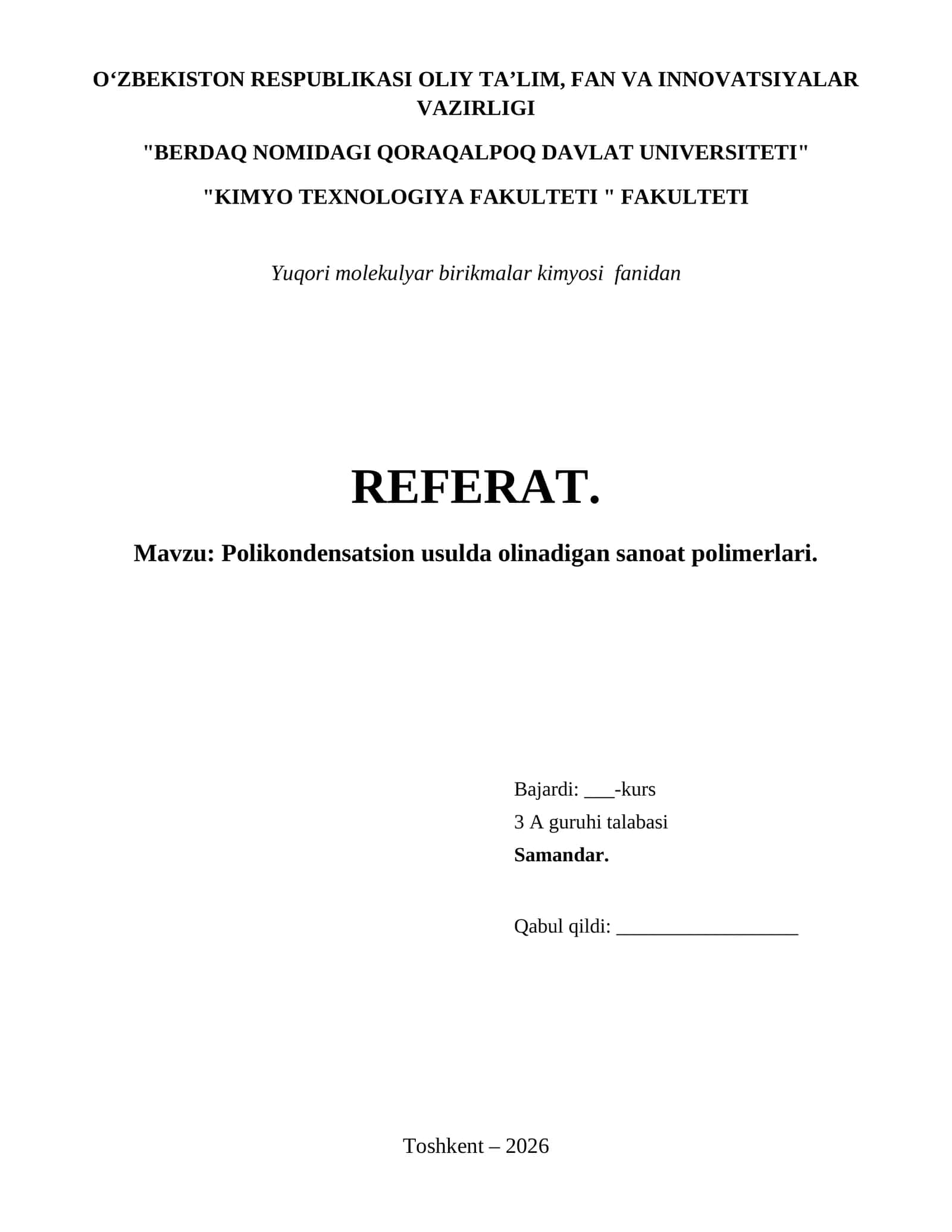 Polikondensatsion usulda olinadigan sanoat polimerlari.