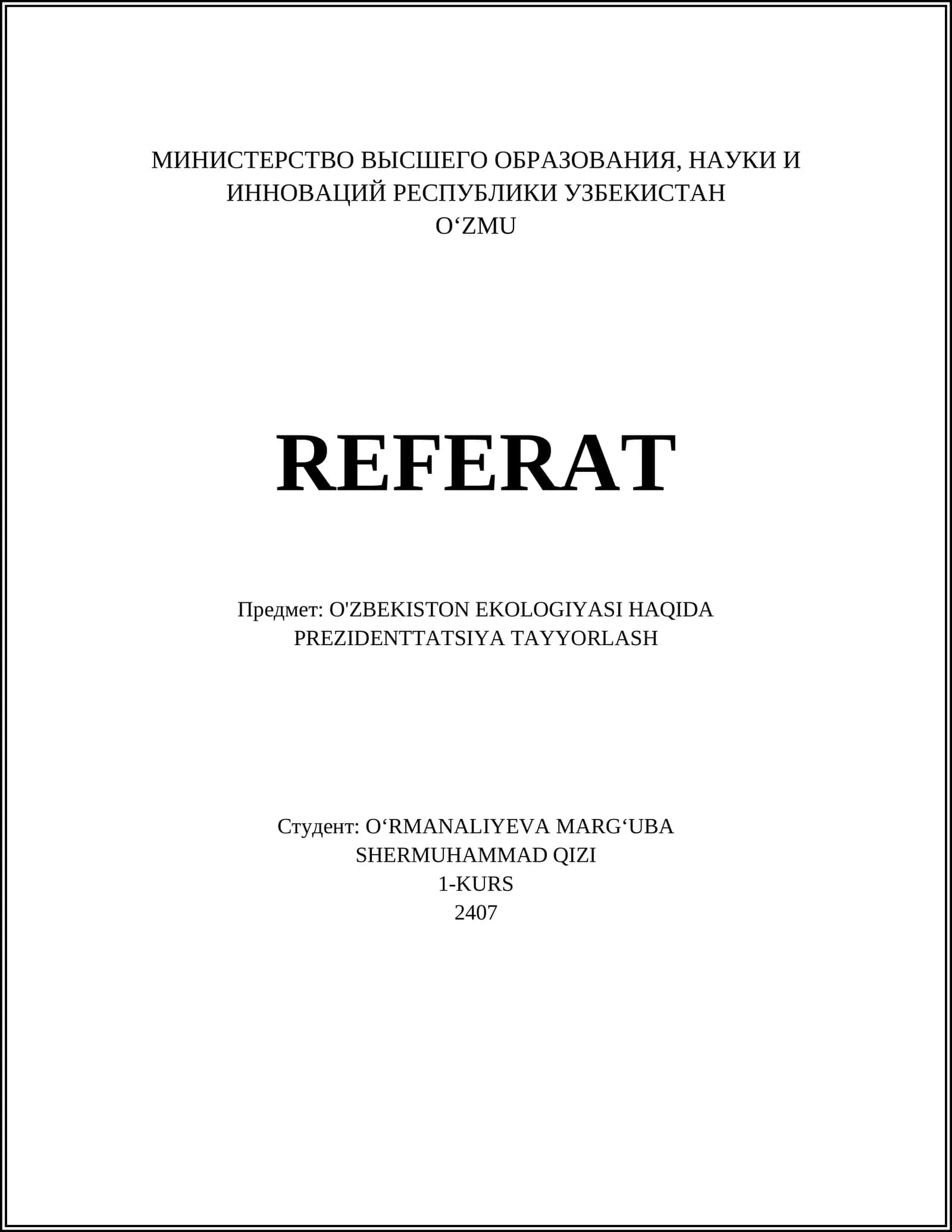 O'zbekiston Ekologiyasi Haqida Prezidenttatsiya Tayyorlash