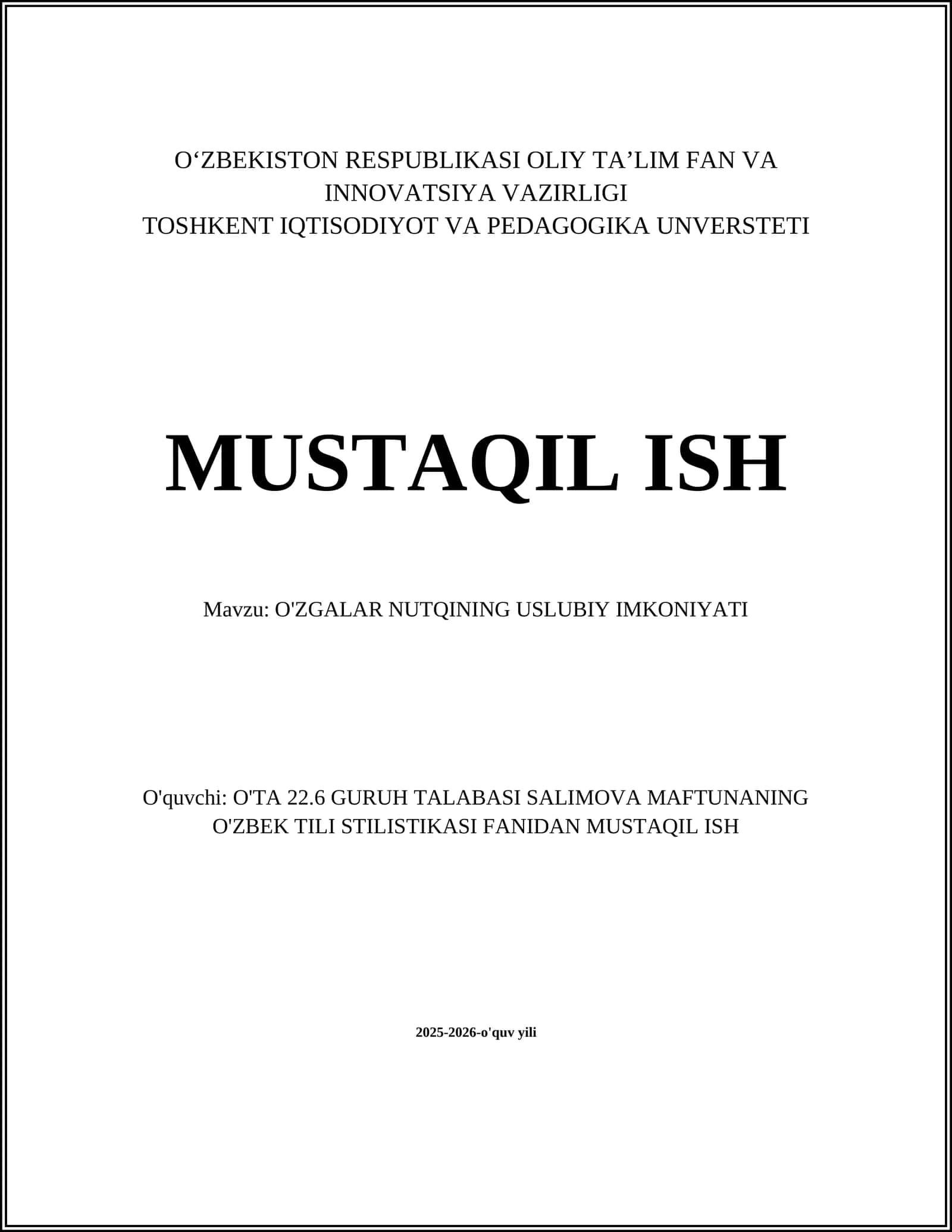O'ZGALAR NUTQINING USLUBIY IMKONIYATI