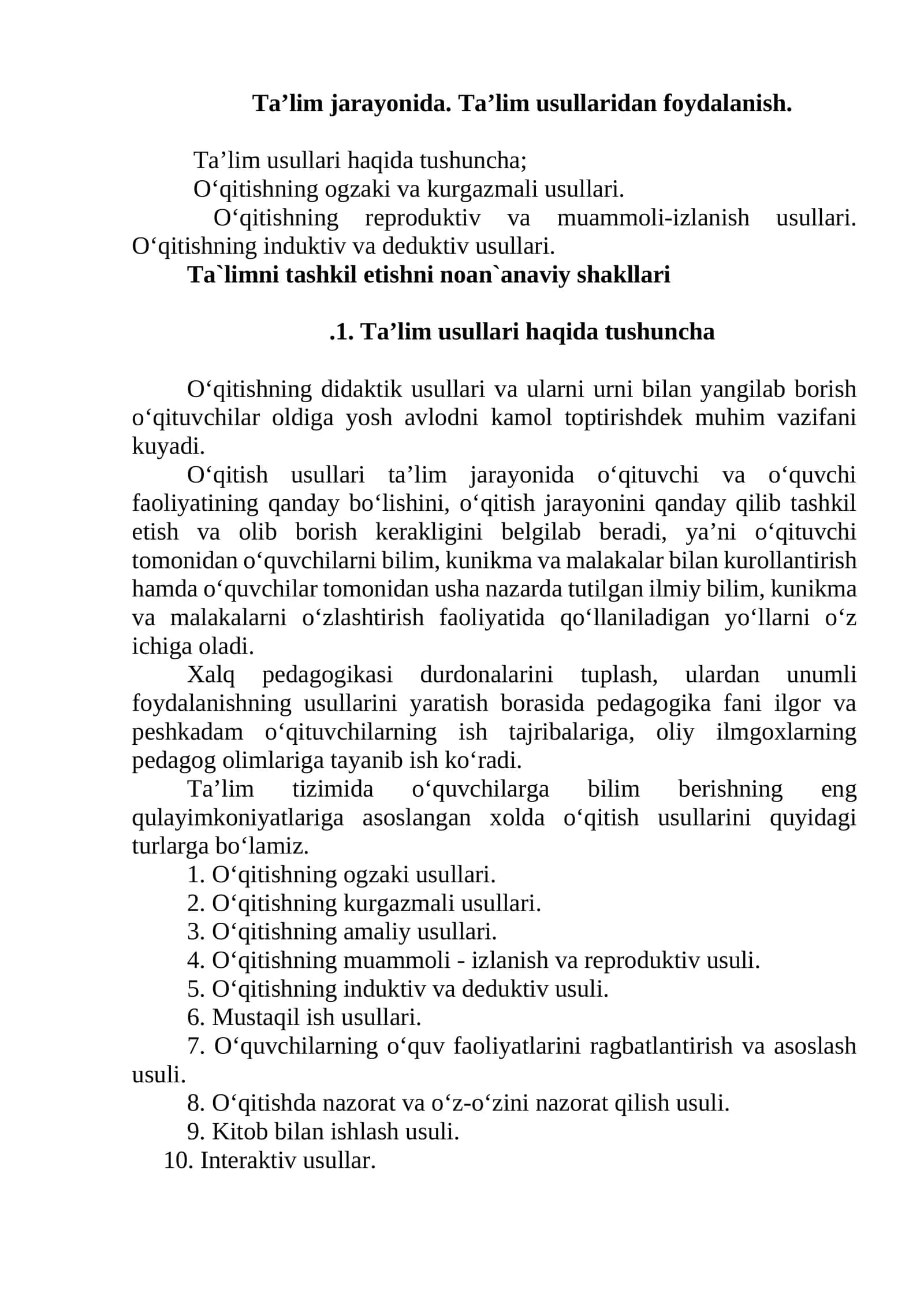 Ta’lim jarayonida. Ta’lim usullaridan foydalanish