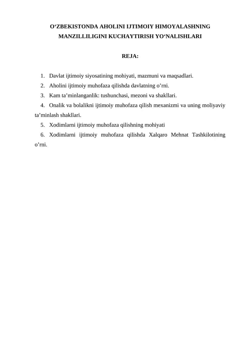 O’ZBEKISTONDA AHOLINI IJTIMOIY HIMOYALASHNING MANZILLILIGINI KUCHAYTIRISH YOʻNALISHLARI