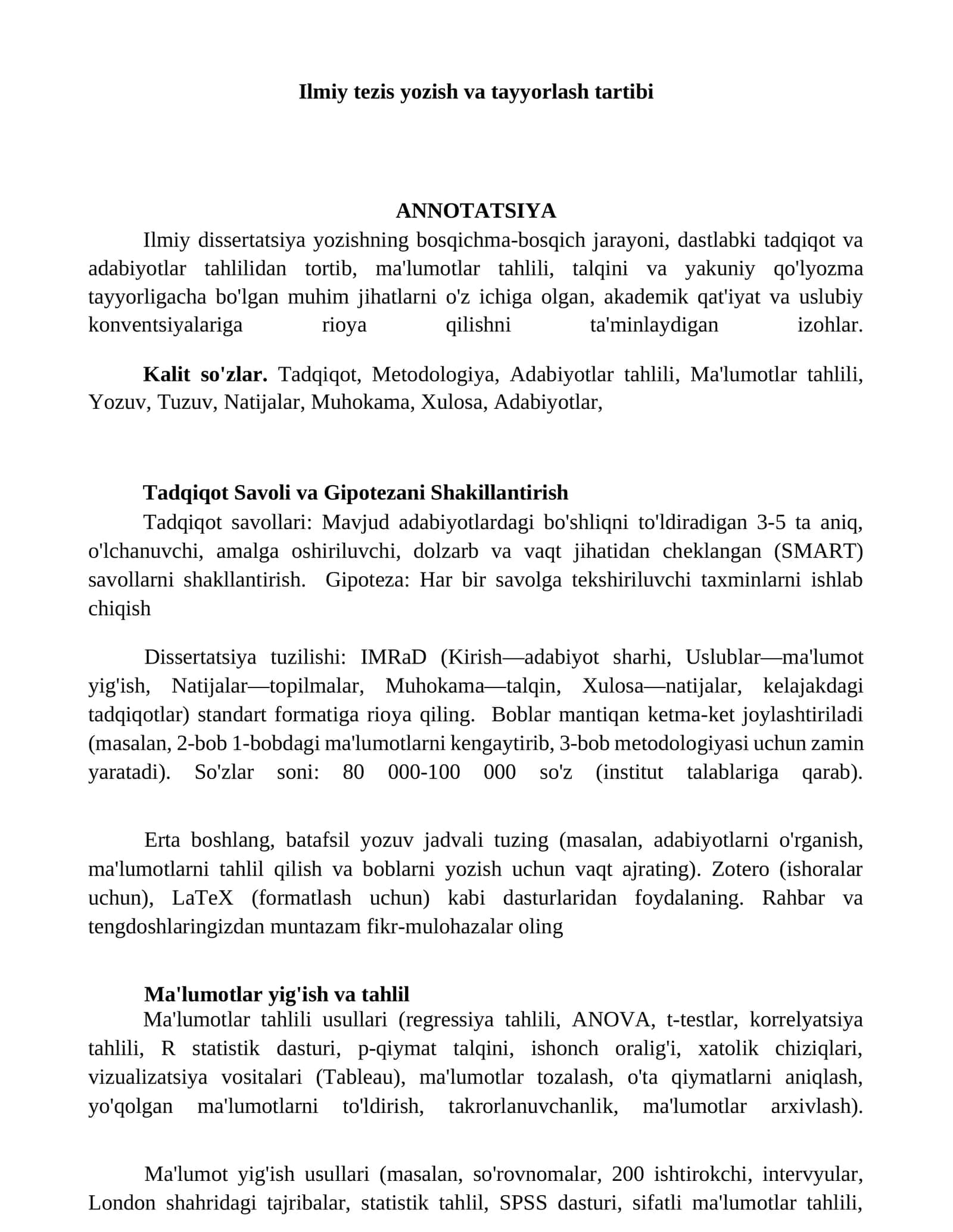 Ilmiy tezis yozish va tayyorlash tartibi