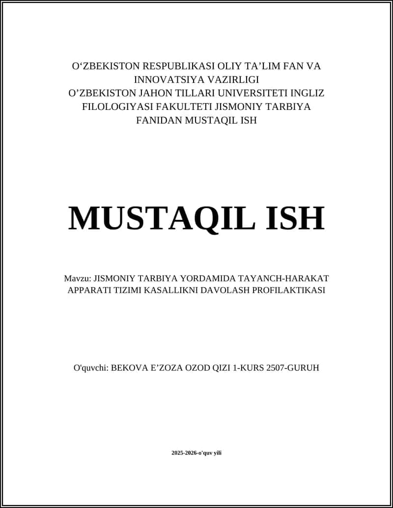JISMONIY TARBIYA YORDAMIDA TAYANCH-HARAKAT APPARATI TIZIMI KASALLIKNI DAVOLASH PROFILAKTIKASI