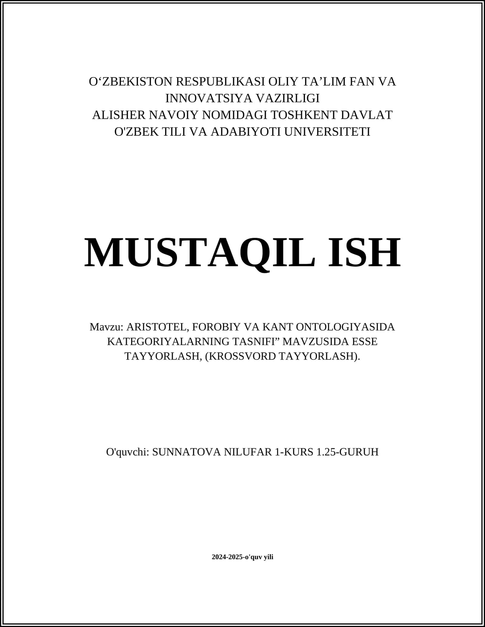 ARISTOTEL, FOROBIY VA KANT ONTOLOGIYASIDA KATEGORIYALARNING TASNIFI” MAVZUSIDA ESSE TAYYORLASH