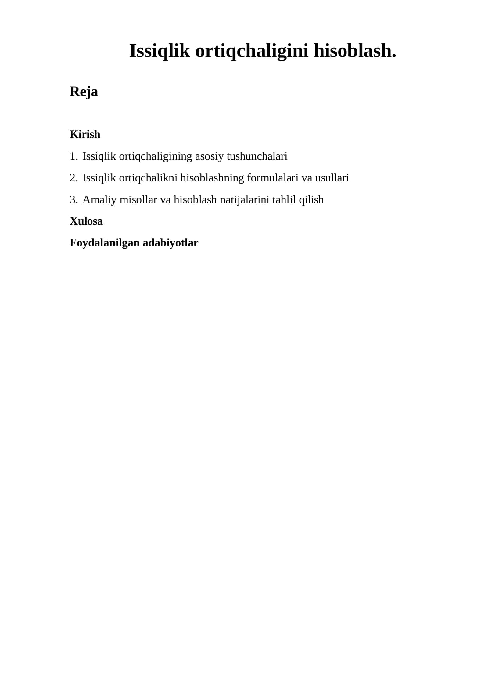 Issiqlik ortiqchaligini hisoblash