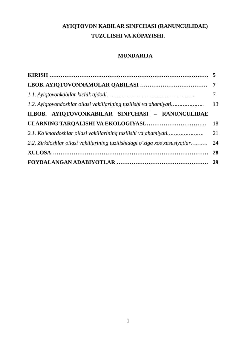 AYIQTOVON KABILAR SINFCHASI (RANUNCULIDAE) TUZULISHI VA KÒPAYISHI