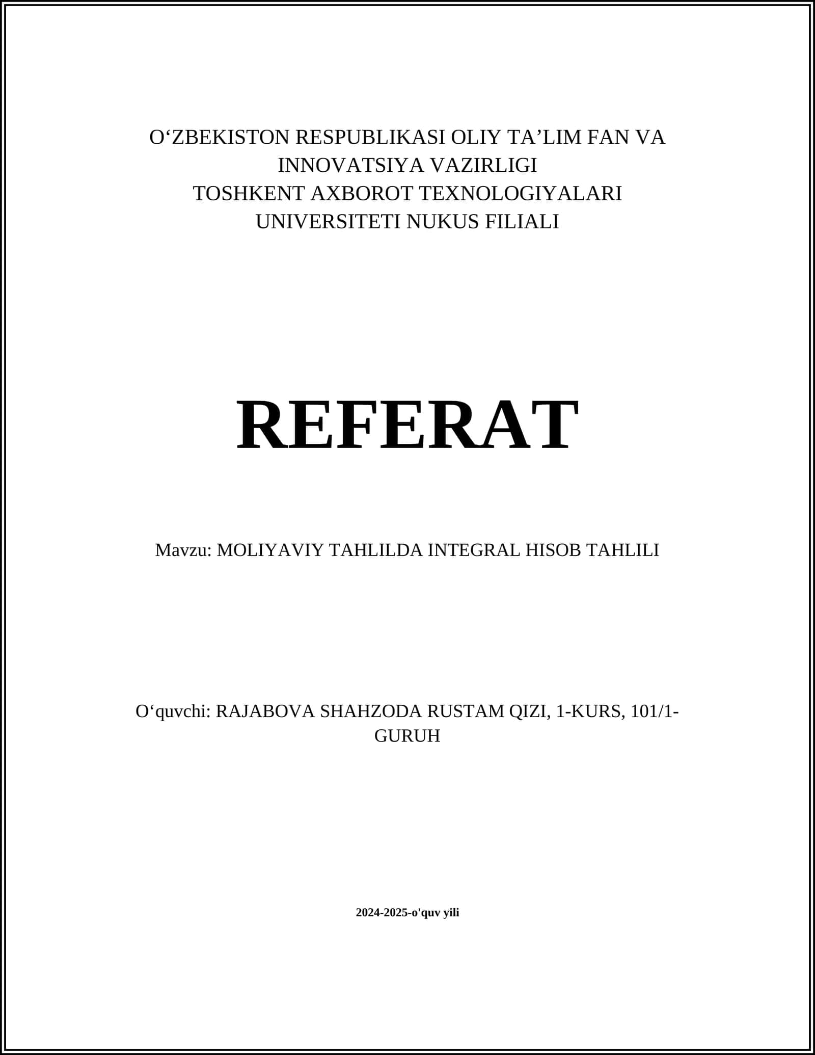 Moliyaviy tahlilda integral hisob tahlili