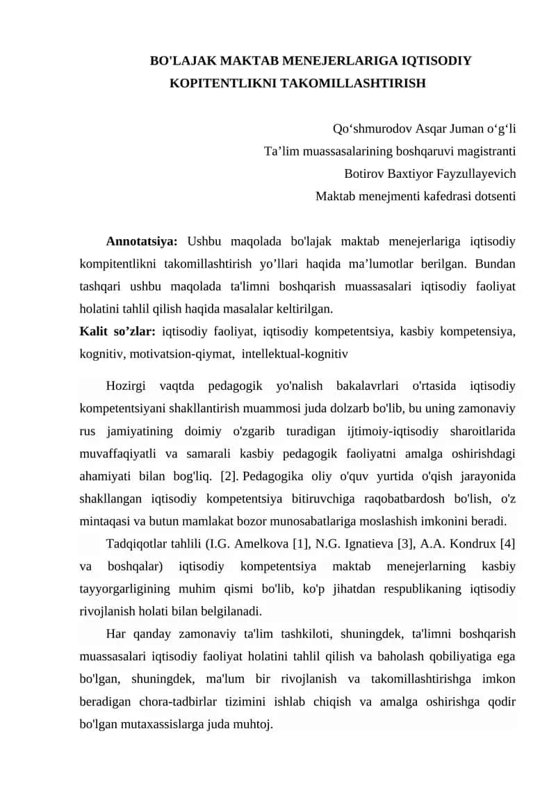 BO'LAJAK MAKTAB MENEJERLARIGA IQTISODIY KOPITENTLIKNI TAKOMILLASHTIRISH
