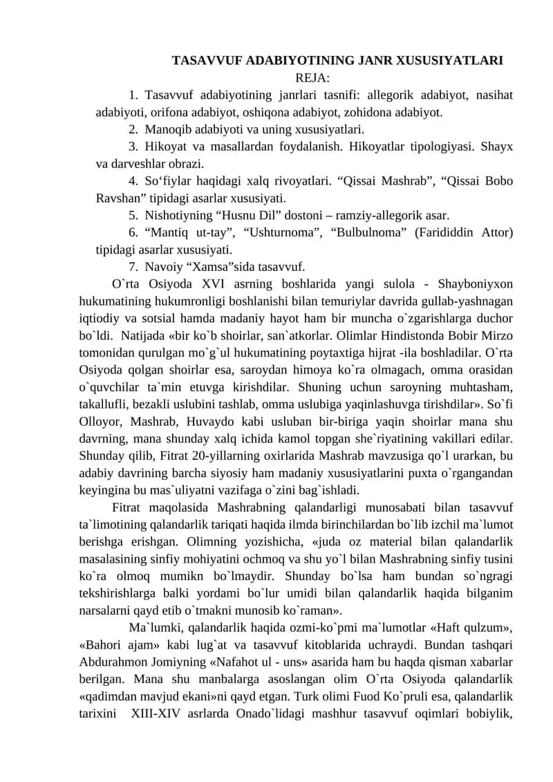 TASAVVUF ADABIYOTINING JANR XUSUSIYATLARI