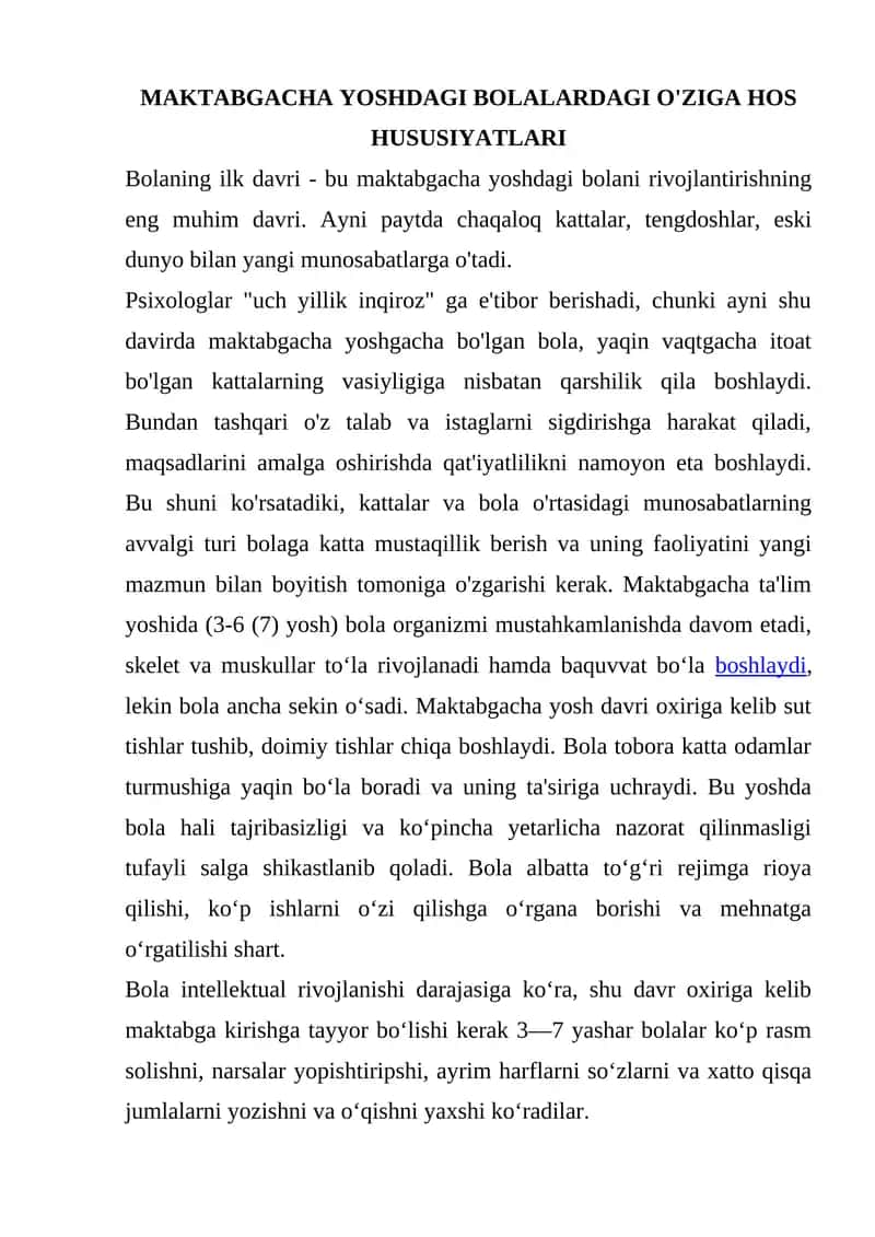 MAKTABGACHA YOSHDAGI BOLALARDAGI O'ZIGA HOS HUSUSIYATLARI