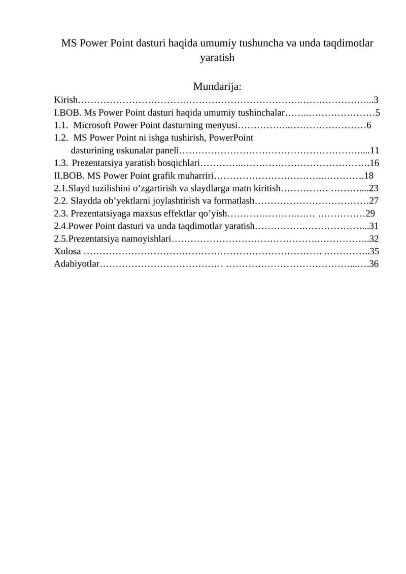 MS Power Point dasturi haqida umumiy tushuncha va unda taqdimotlar yaratish