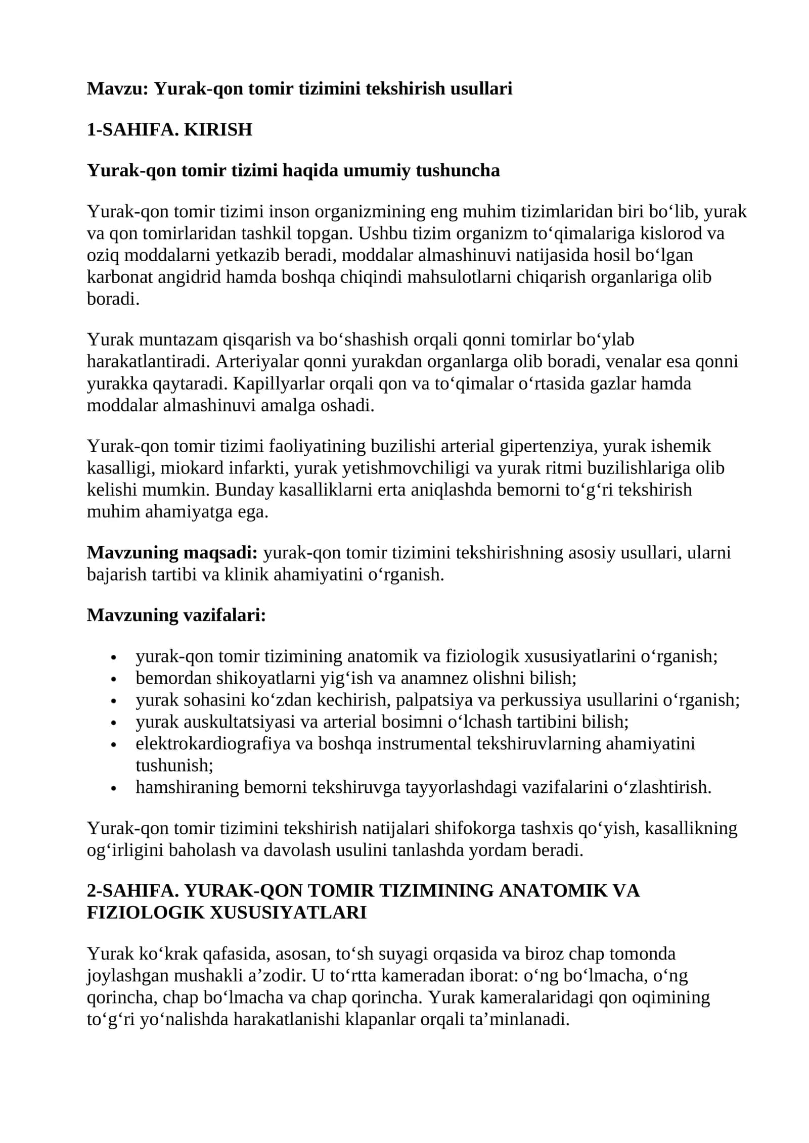 Mavzu: Yurak-qon tomir tizimini tekshirish usullari