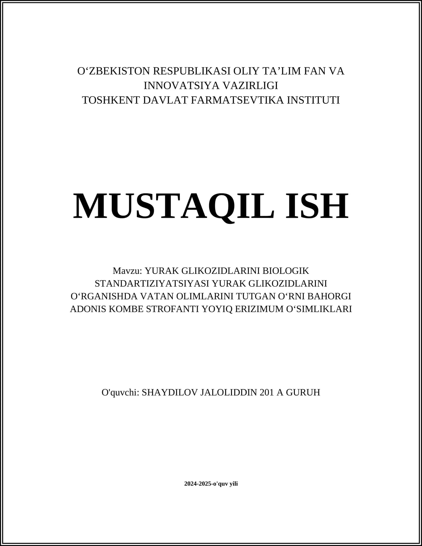 YURAK GLIKOZIDLARINI BIOLOGIK STANDARTIZIYATSIYASI YURAK GLIKOZIDLARINI OʻRGANISHDA VATAN OLIMLARINI TUTGAN OʻRNI BAHORGI ADONIS KOMBE STROFANTI YOYIQ ERIZIMUM OʻSIMLIKLARI