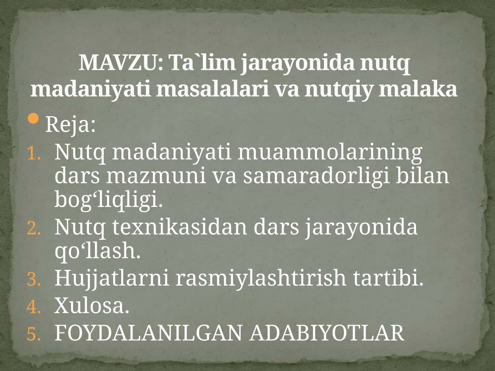 Ta`lim jarayonida nutq madaniyati masalalari va nutqiy malaka