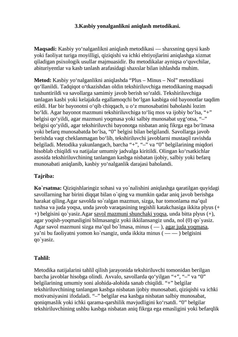 Kasbiy yonalganlikni aniqlash metodikasi