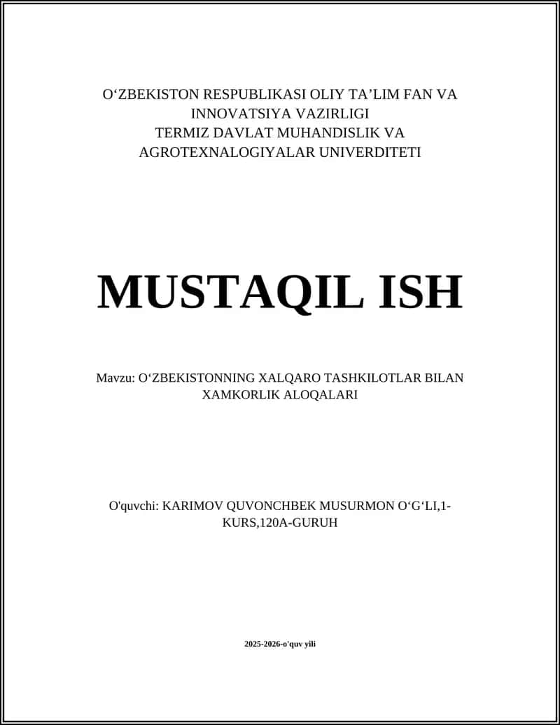 OʻZBEKISTONNING XALQARO TASHKILOTLAR BILAN XAMKORLIK ALOQALARI