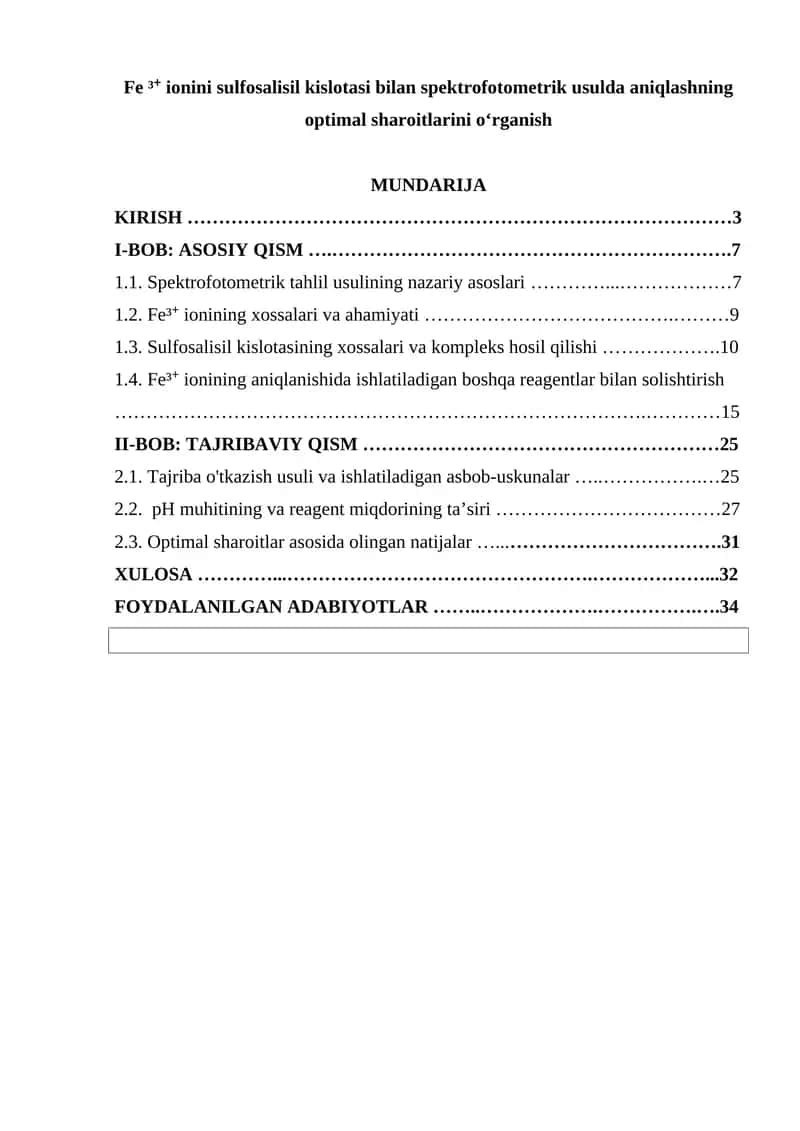Fe ³⁺ ionini sulfosalisil kislotasi bilan spektrofotometrik usulda aniqlashning optimal sharoitlarini oʻrganish