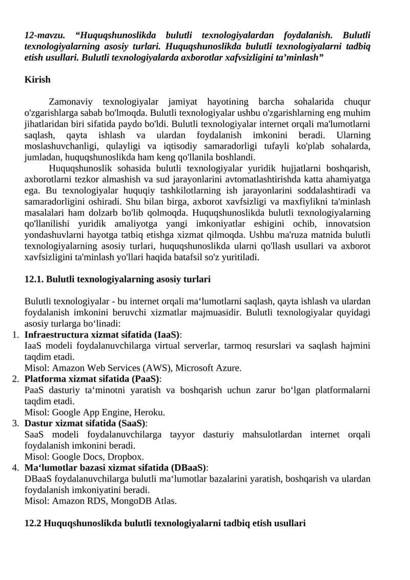 Huquqshunoslikda bulutli texnologiyalardan foydalanish