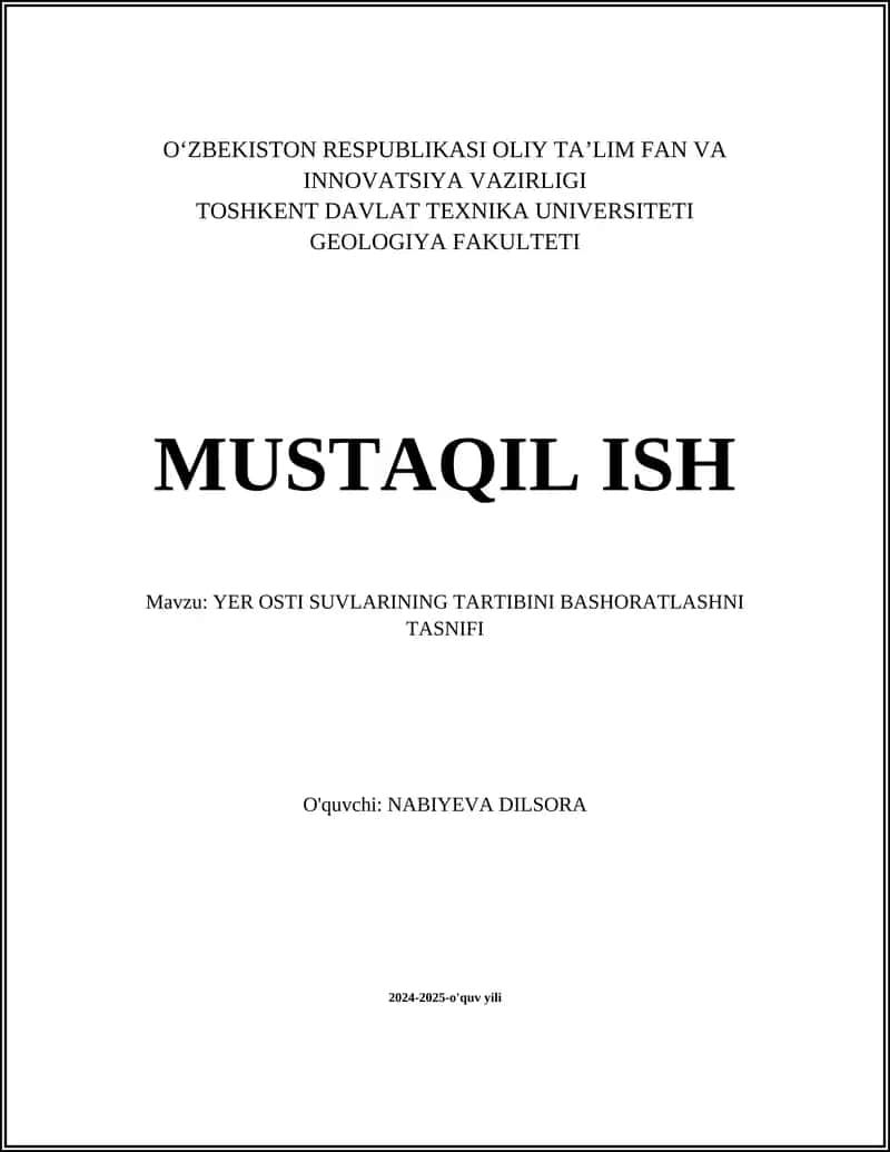 Yer osti suvlarining tartibini bashoratlashni tasnifi