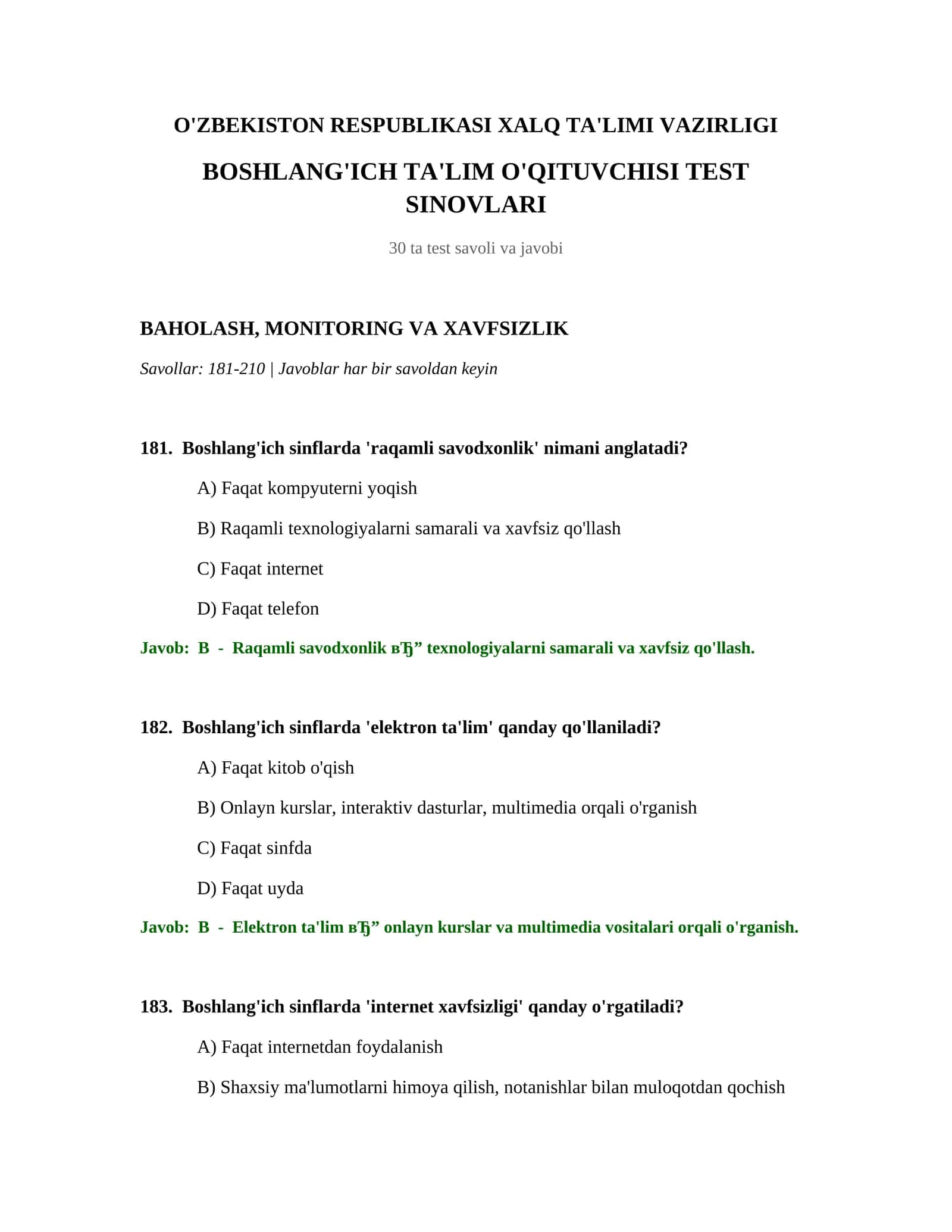 Boslang'ich ta'lim o'qituvchisi test sinovlari