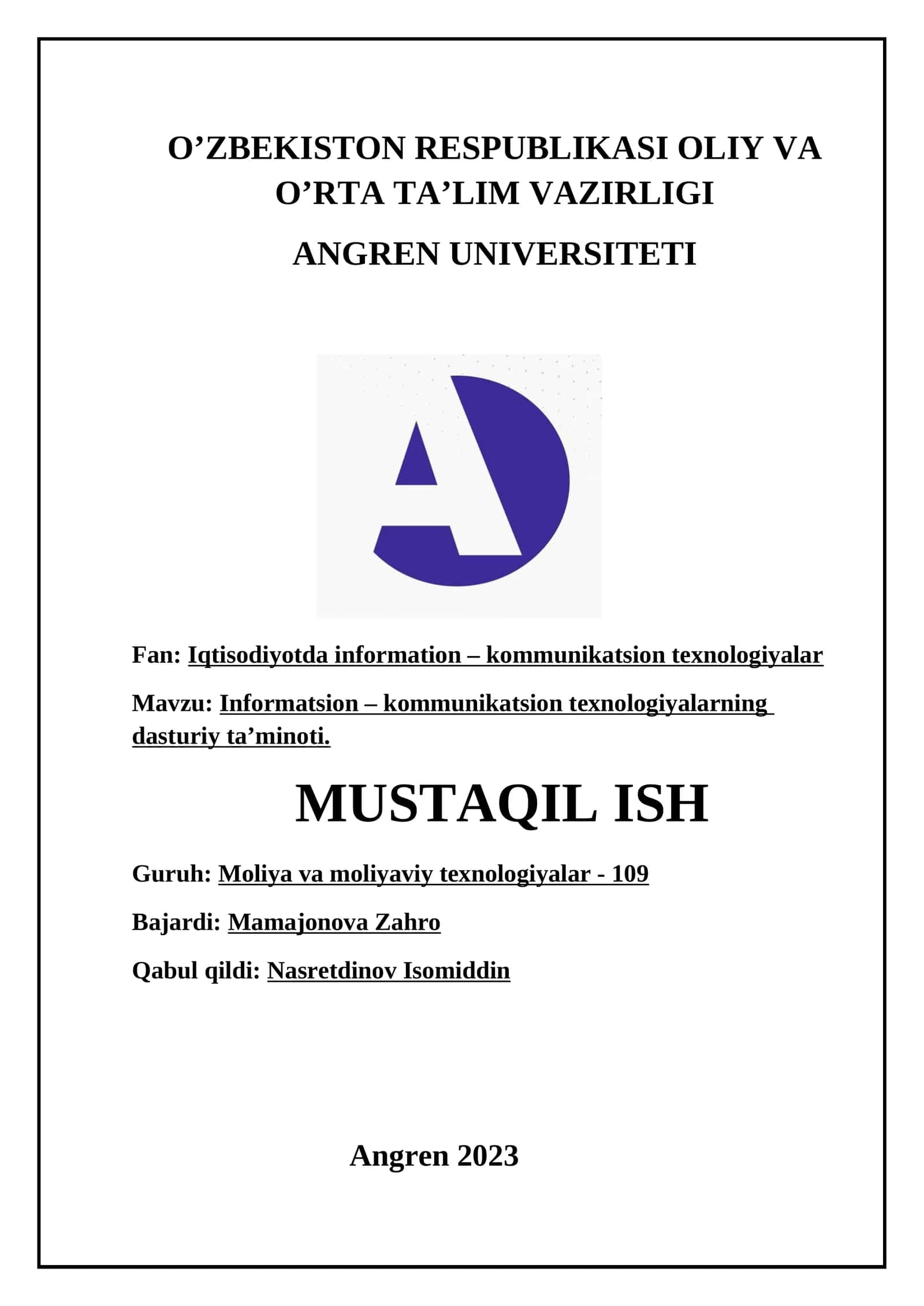 Informatsion – kommunikatsion texnologiyalarning dasturiy ta’minoti