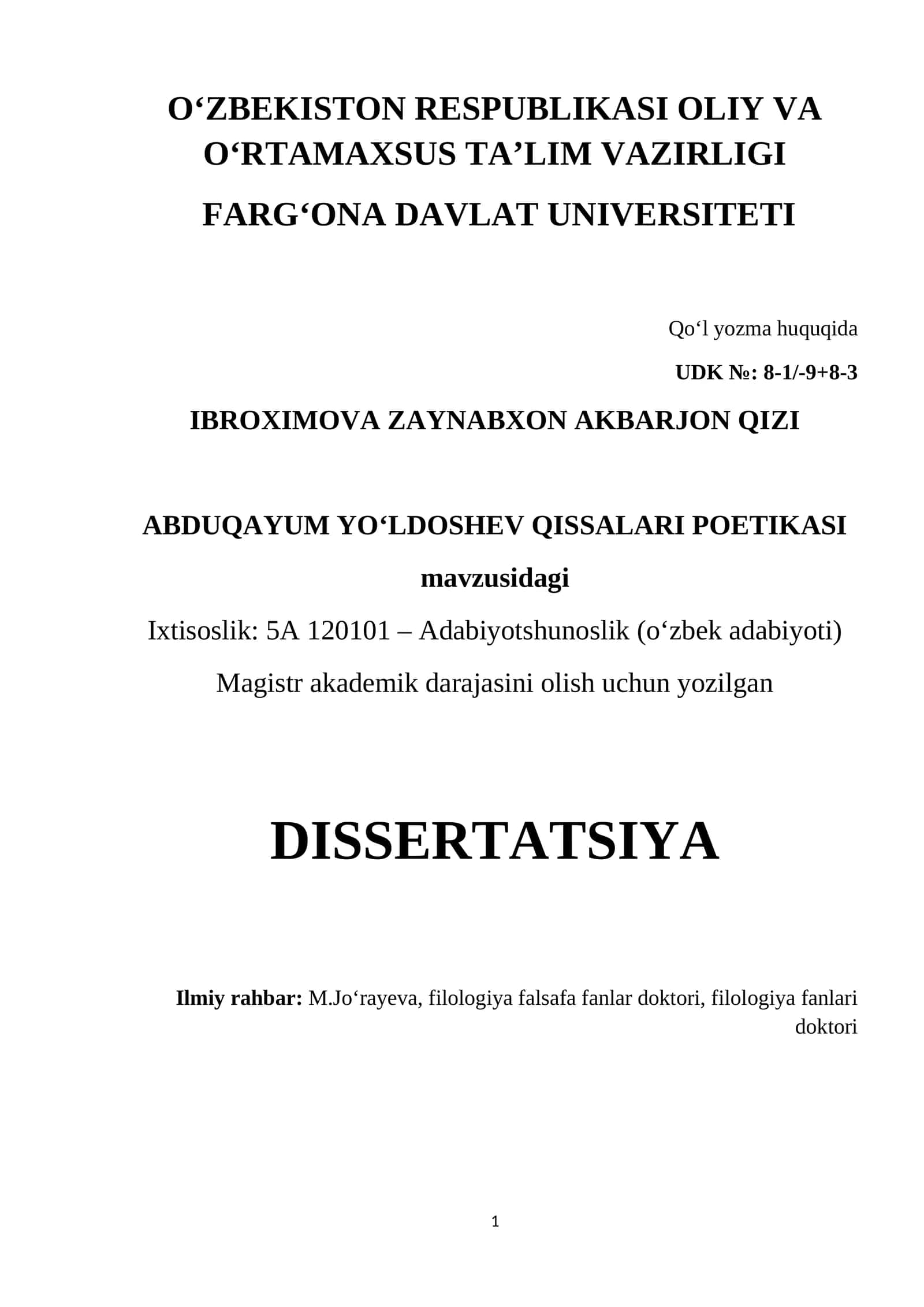 ABDUQAYUM YO‘LDOSHEV QISSALARI POETIKASI