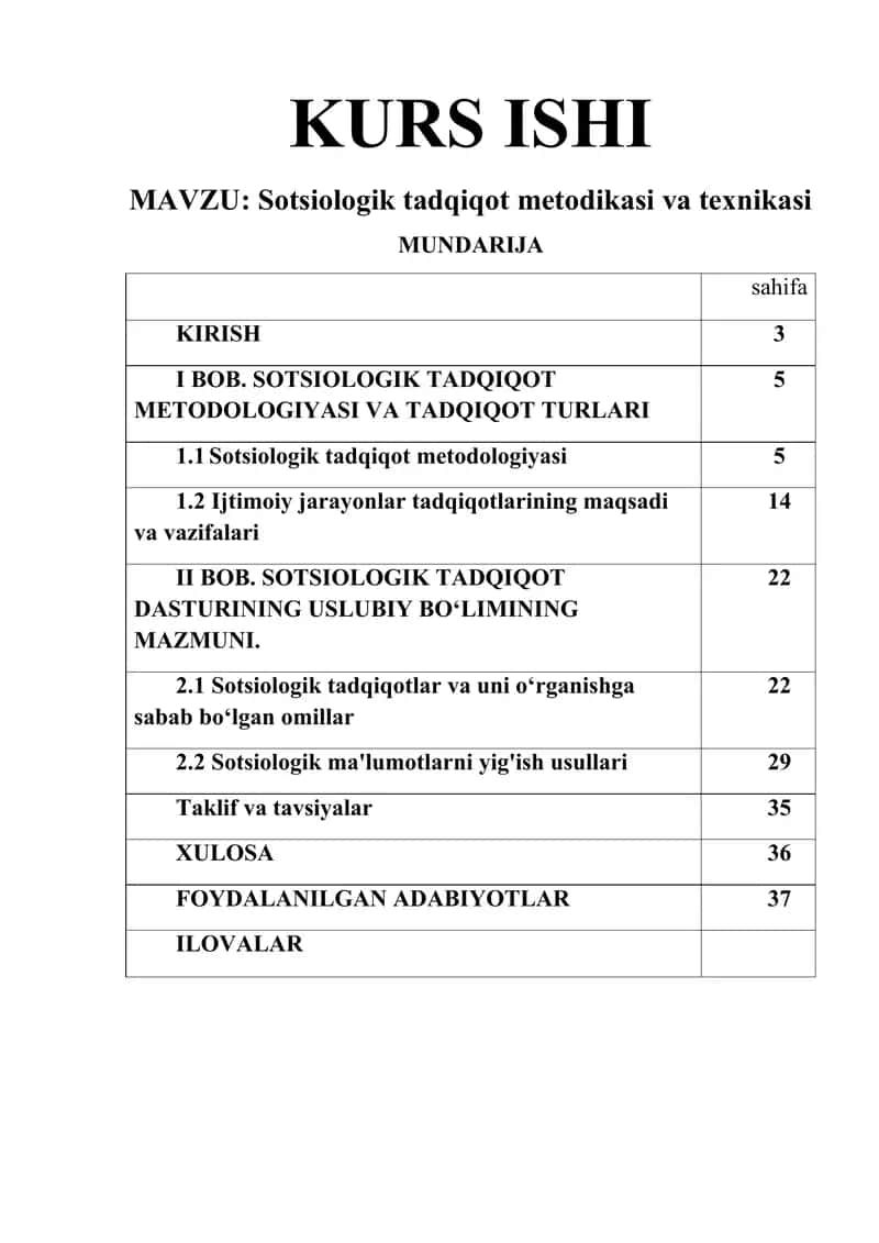 Sotsiologik tadqiqot metodikasi va texnikasi Kurs ishi