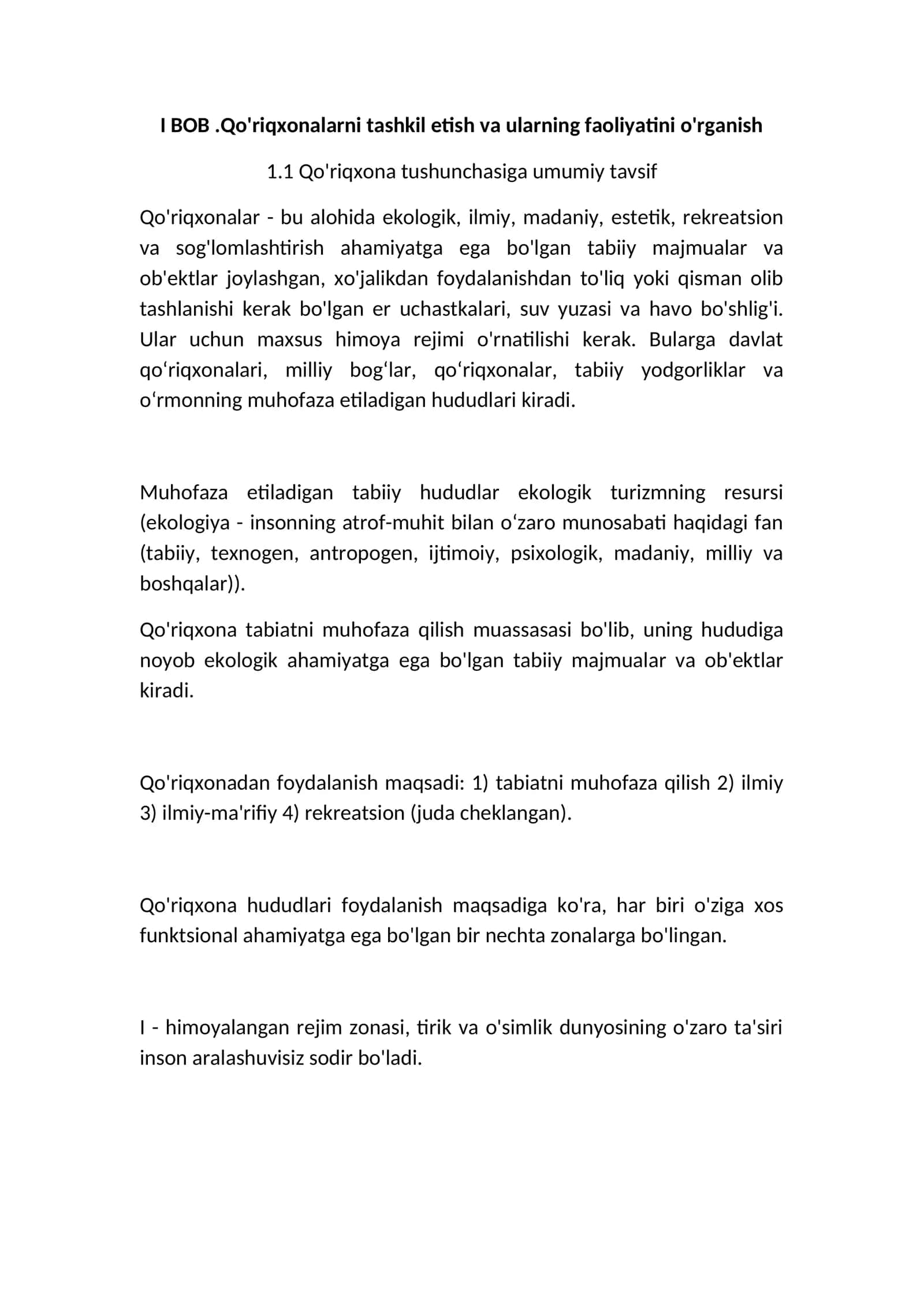 BOB.Qo'riqxonalarni tashkil etish va ularning faoliyatini o'rganish