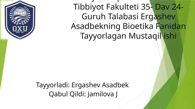 Bioetika Fanidan Mustaqil ish