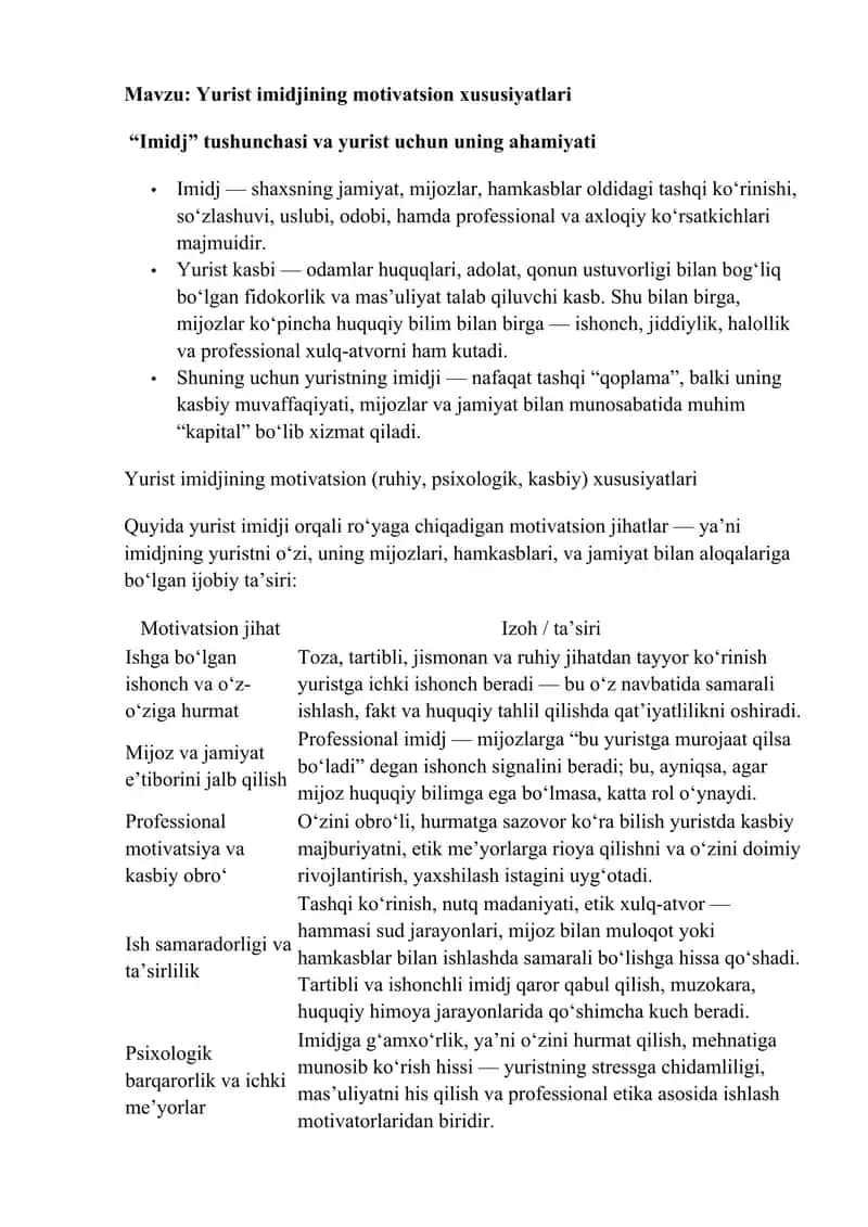 Yurist imidjining motivatsion xususiyatlari
