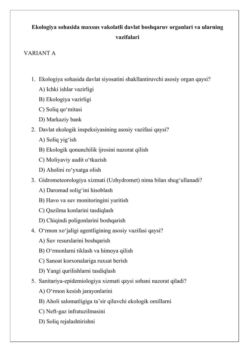 Ekologiya sohasida maxsus vakolatli davlat boshqaruv organlari va ularning vazifalari