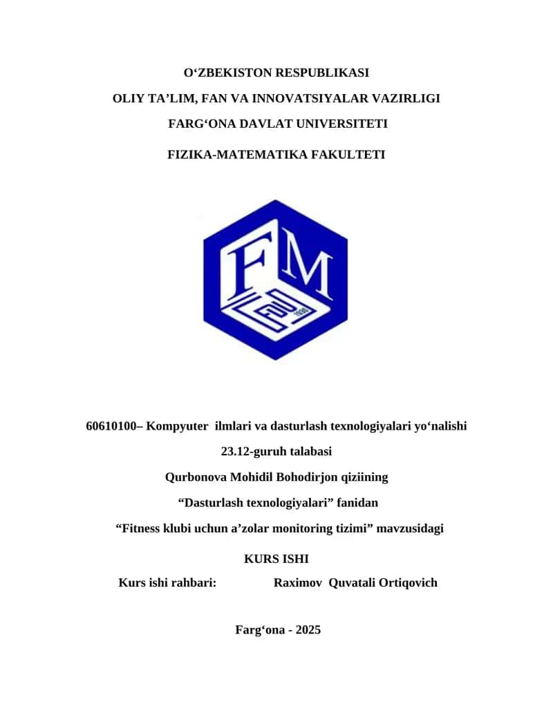 Fitness klublari uchun azolar monitoring tizimi