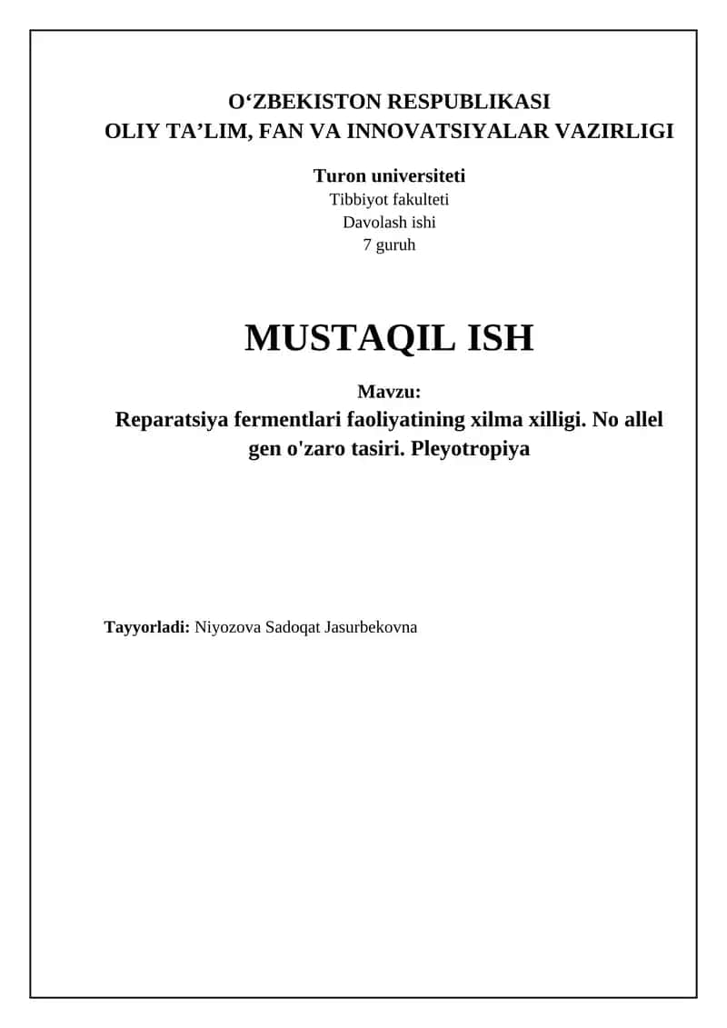 Reparatsiya fermentlari faoliyatining xilma xilligi
