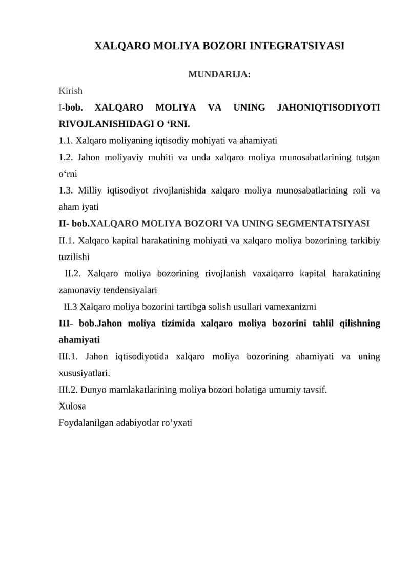 XALQARO MOLIYA BOZORI INTEGRATSIYASI