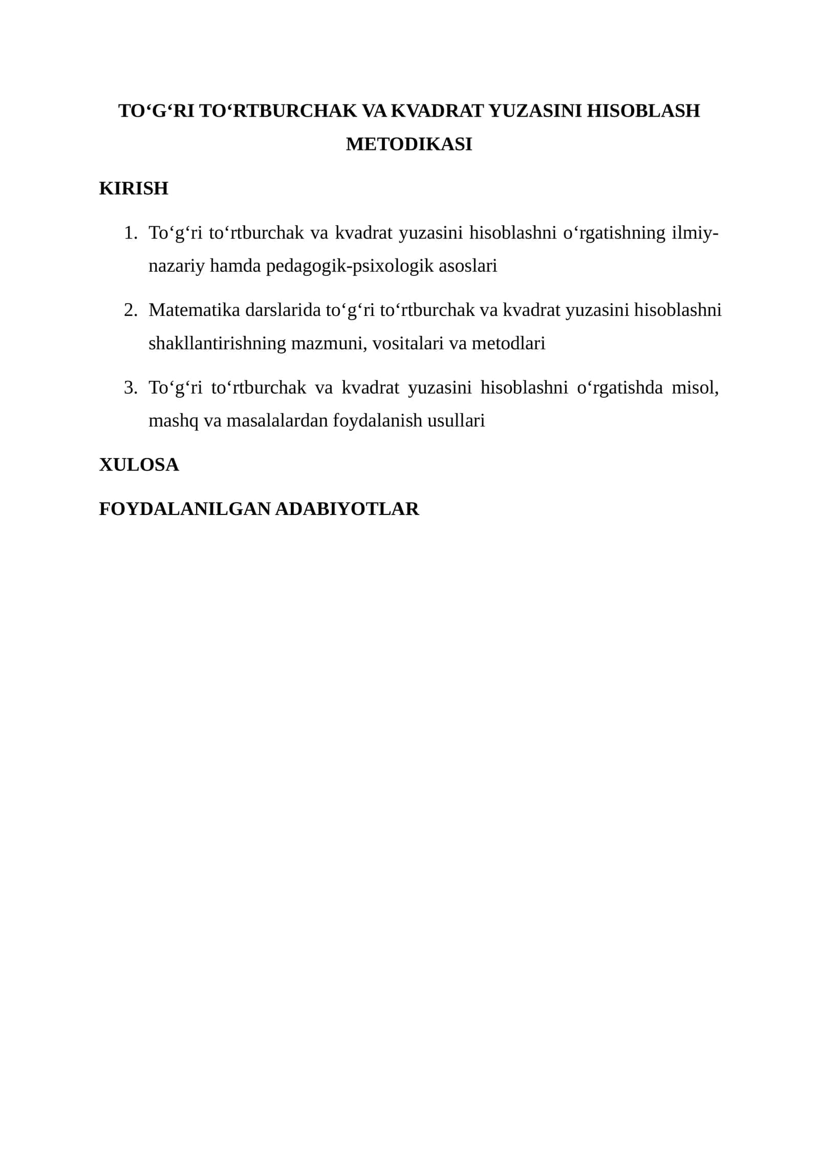 TO‘G‘RI TO‘RTBURCHAK VA KVADRAT YUZASINI HISOBLASH METODIKASI