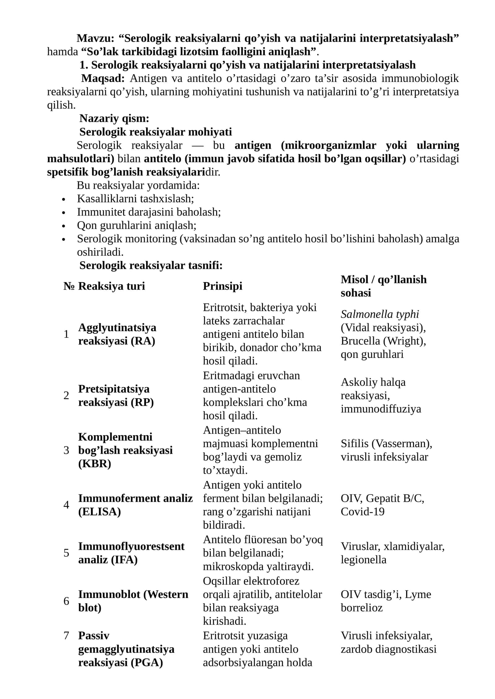 Serologik reaksiyalarni qo’yish va natijalarini interpretatsiyalash