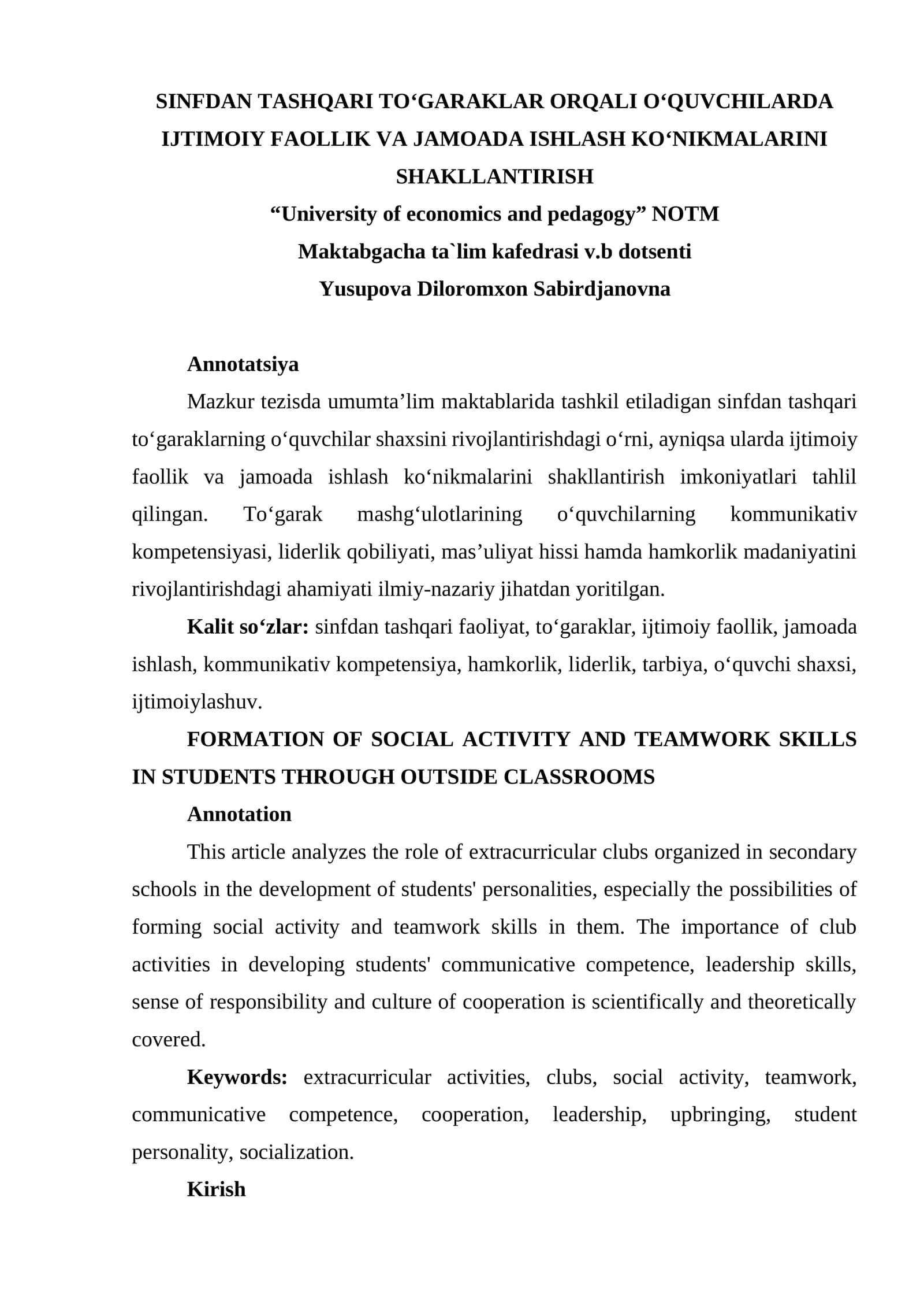 SINFDAN TASHQARI TO‘GARAKLAR ORQALI O‘QUVCHILARDA IJTIMOIY FAOLLIK VA JAMOADA ISHLASH KO‘NIKMALARINI SHAKLLANTIRISH