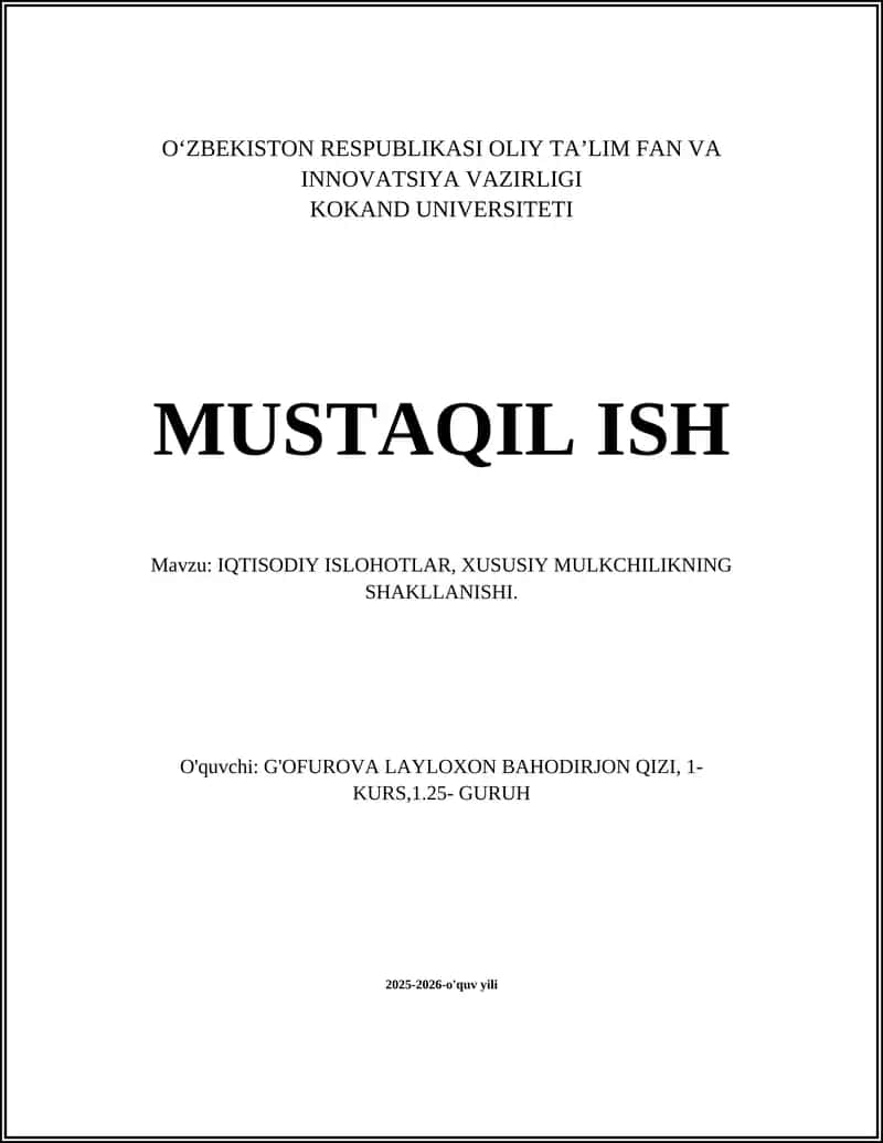 IQTISODIY ISLOHOTLAR, XUSUSIY MULKCHILIKNING SHAKLLANISHI