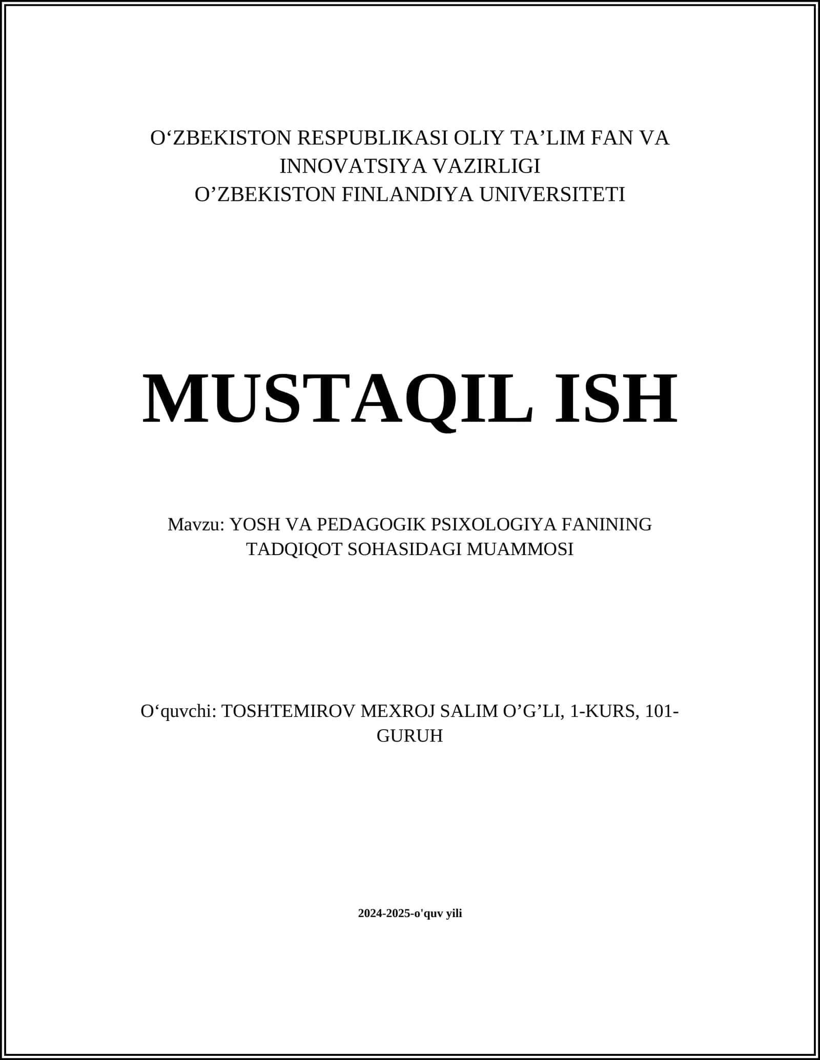 YOSH VA PEDAGOGIK PSIXOLOGIYA FANINING TADQIQOT SOHASIDAGI MUAMMOSI