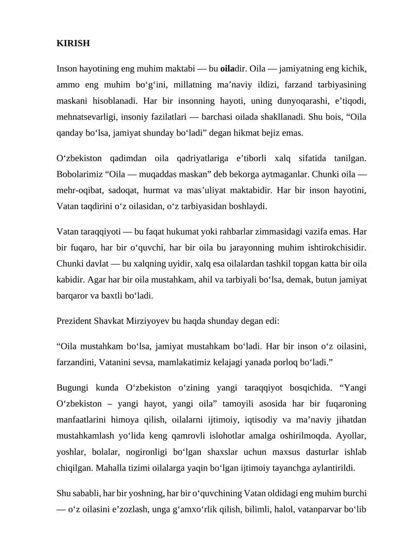 Oila qadriyati.Oila jamiyatning asosiy bo'g'ini