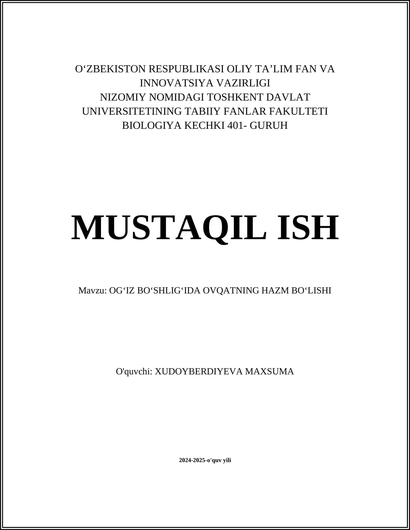 OGʻIZ BOʻSHLIGʻIDA OVQATNING HAZM BOʻLISHI