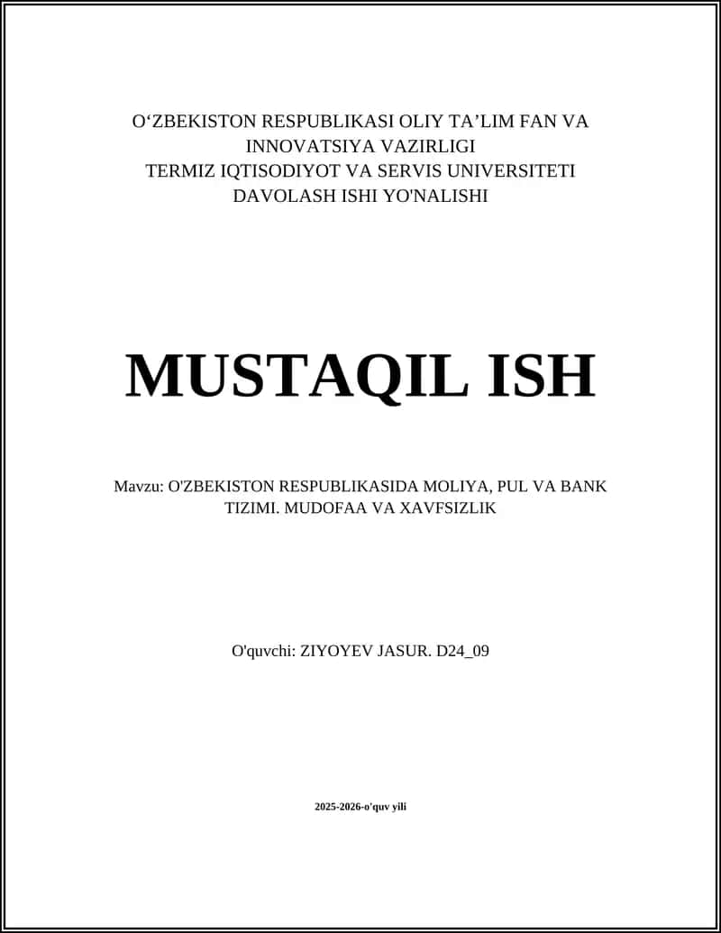 O'ZBEKISTON RESPUBLIKASIDA MOLIYA, PUL VA BANK TIZIMI