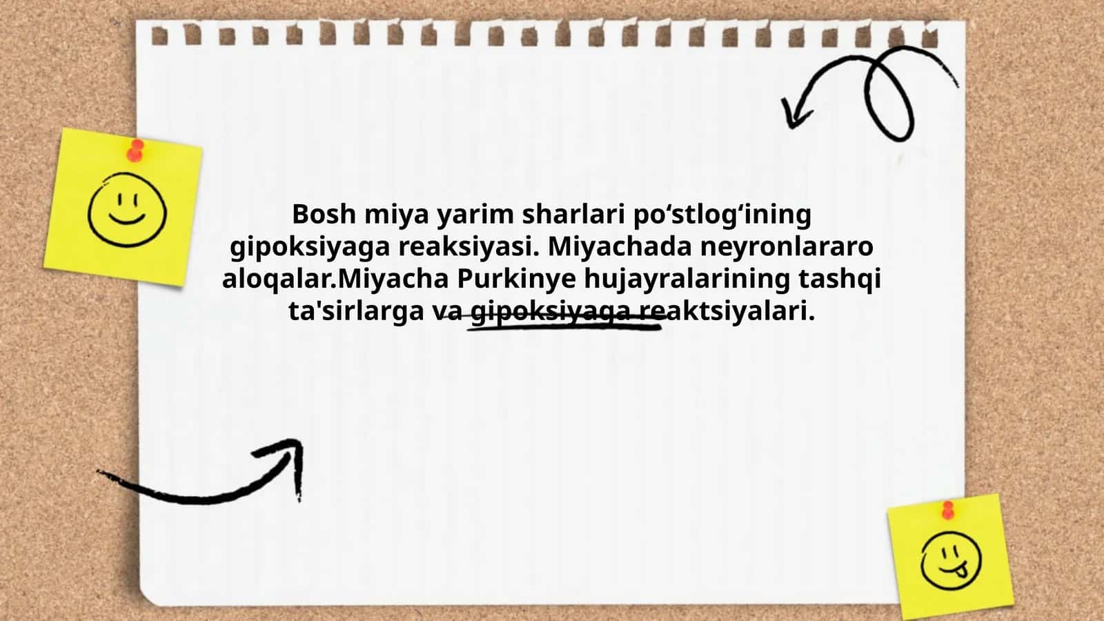 Bosh miya yarim sharlari po‘stlog‘ining gipoksiyaga reaksiyasi. Miyachada neyronlararo aloqalar.Miyacha Purkinye hujayralarining tashqi ta'sirlarga va gipoksiyaga reaktsiyalari