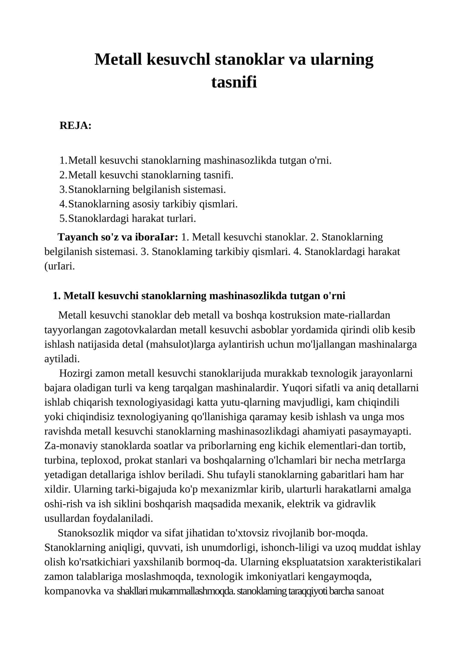 Metall kesuvchl stanoklar va ularning tasnifi