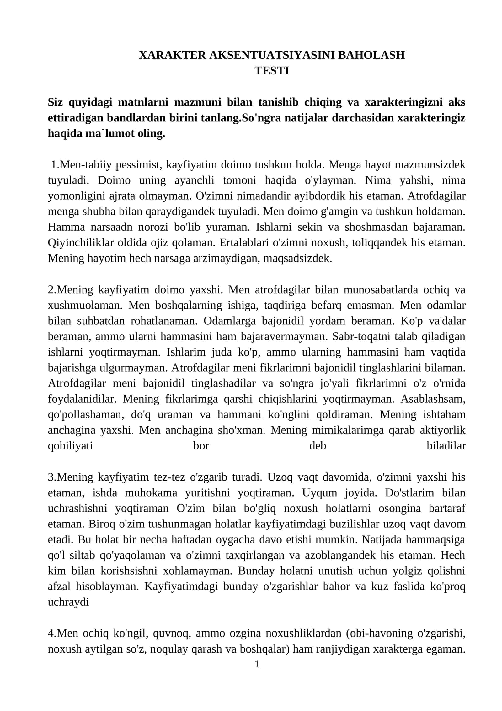 XARAKTER AKSENTUATSIYASINI BAHOLASH TESTI