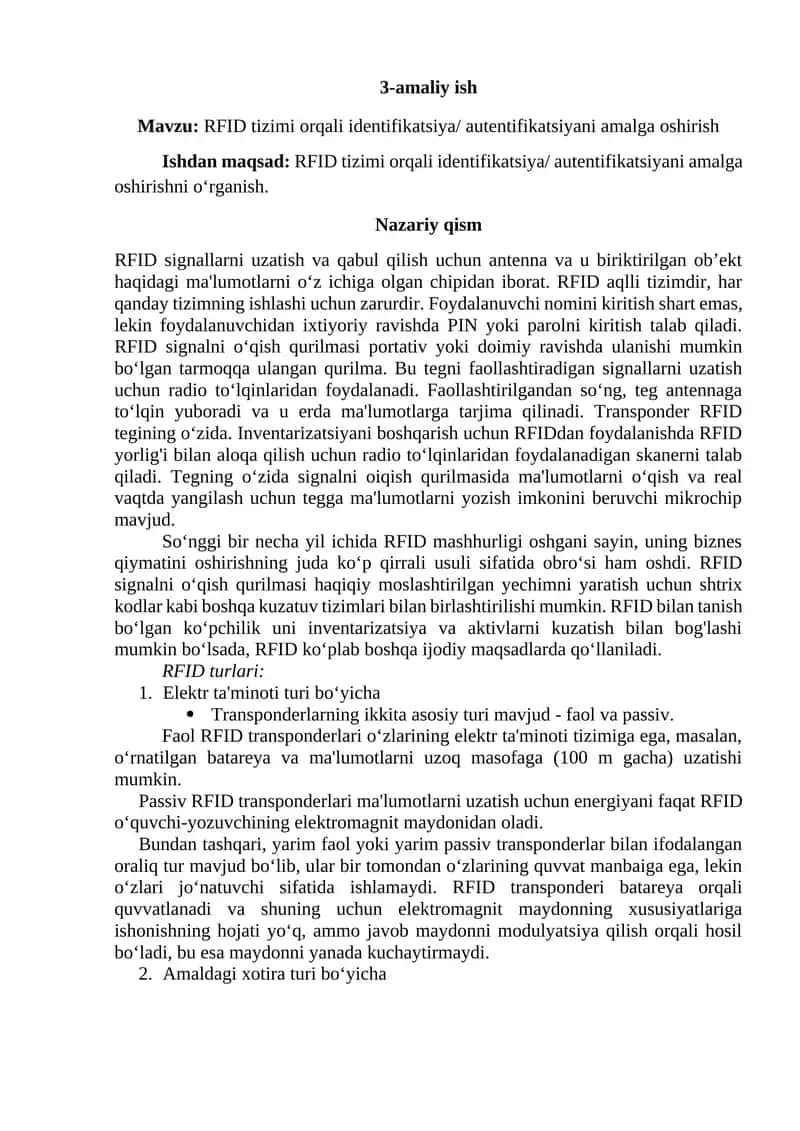 RFID tizimi orqali identifikatsiya/ autentifikatsiyani amalga oshirish