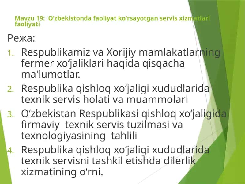 Oʻzbekistonda faoliyat koʻrsayotgan servis xizmatlari faoliyati