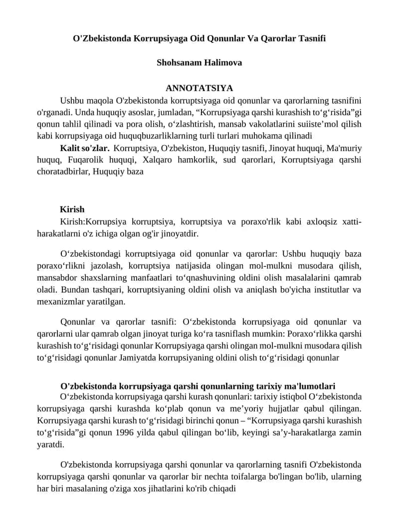 O'Zbekistonda Korrupsiyaga Oid Qonunlar Va Qarorlar Tasnifi