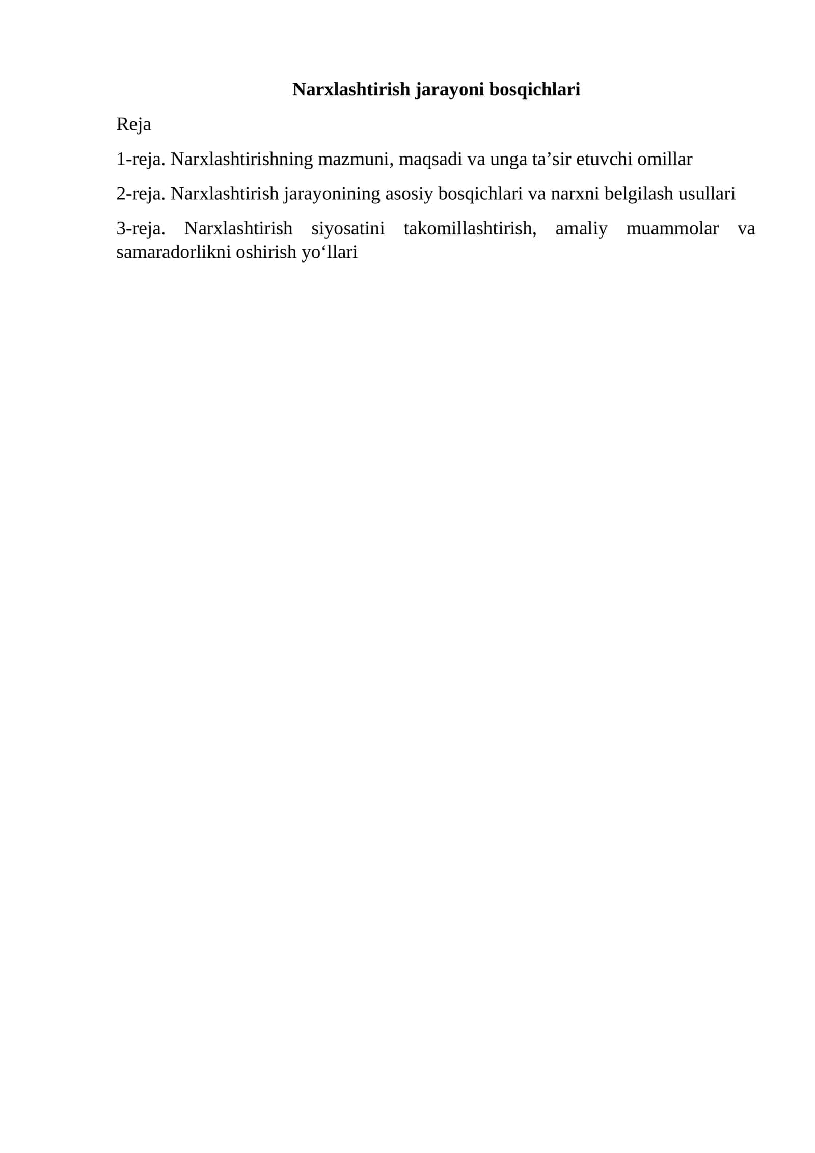 Narxlashtirish jarayoni bosqichlari